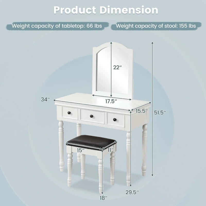 Costway Coiffeuse avec Tabouret Rembourré et 3 Grands Tiroirs - Voir Détails