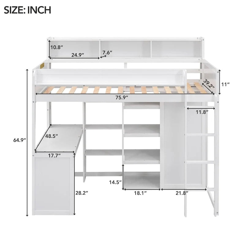 Twin Loft Bed w/Storage Shelves, Under-Bed Desk, Wooden Bed Frames
