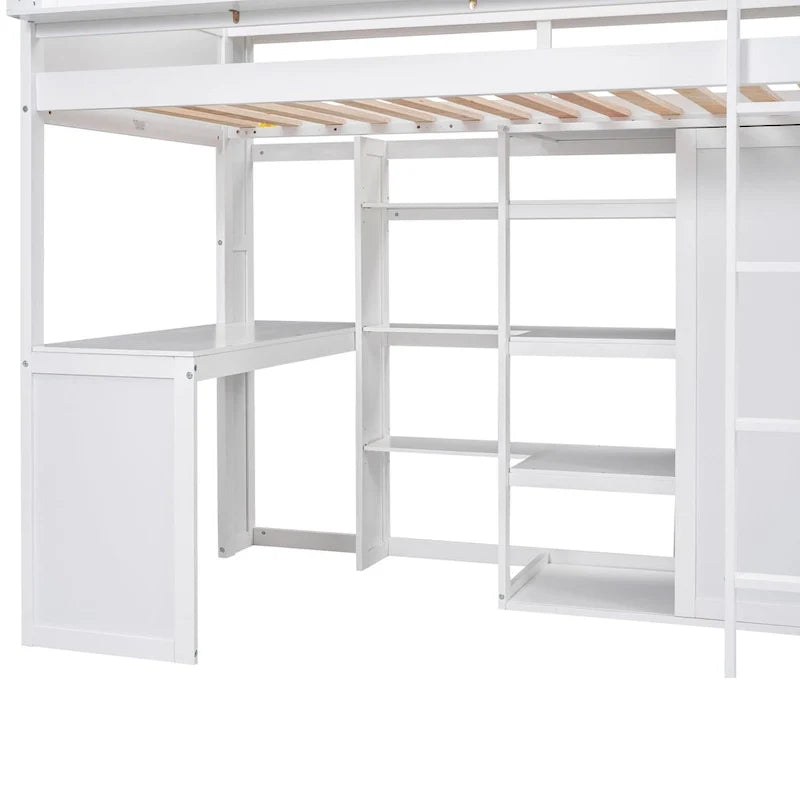 Twin Loft Bed w/Storage Shelves, Under-Bed Desk, Wooden Bed Frames