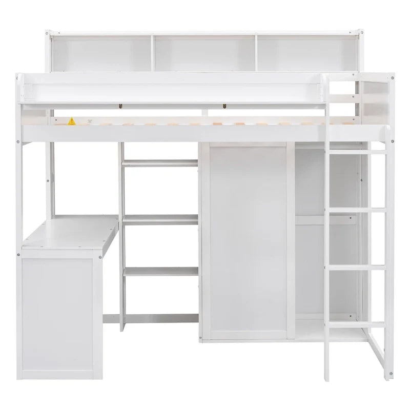 Twin Loft Bed w/Storage Shelves, Under-Bed Desk, Wooden Bed Frames