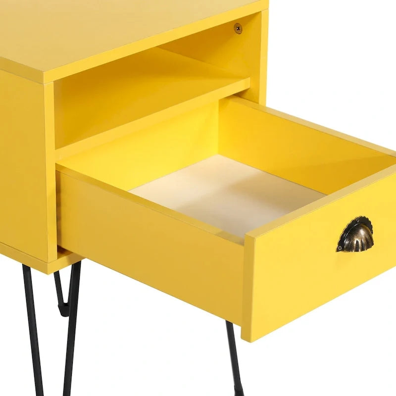 Tables de chevet modernes avec tiroir et pieds épingles, marron/bleu/noir/jaune, quatre options
