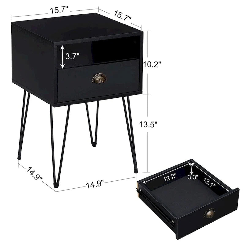 Tables de chevet modernes avec tiroir et pieds épingles, marron/bleu/noir/jaune, quatre options