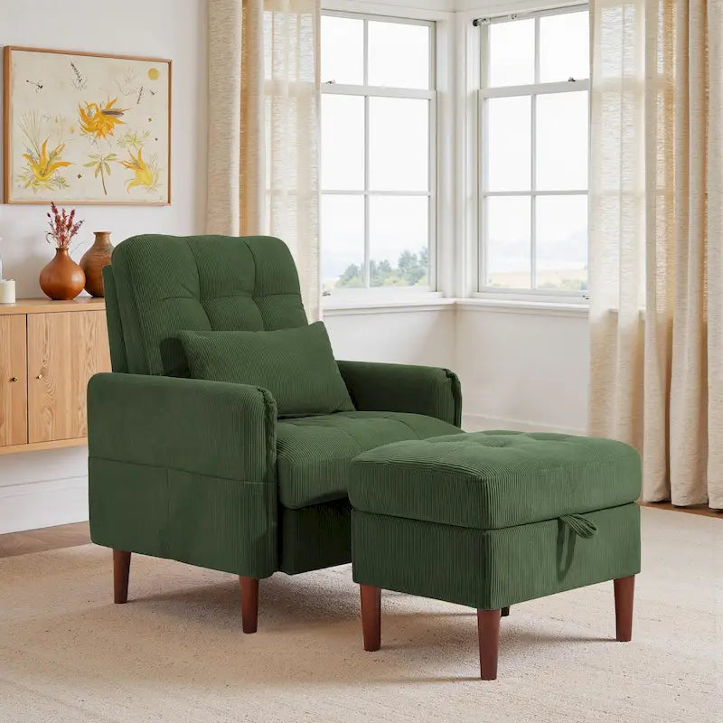 Fauteuil d'appoint rembourré à dossier réglable avec pouf de rangement
