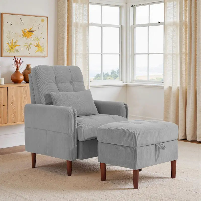 Adjustable Backrest Upholstered Accent Chair with Storage Ottoman Set