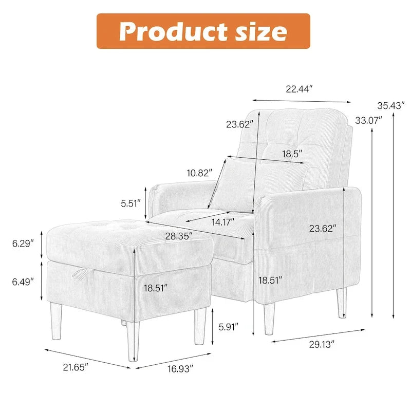 Fauteuil d'appoint rembourré à dossier réglable avec pouf de rangement