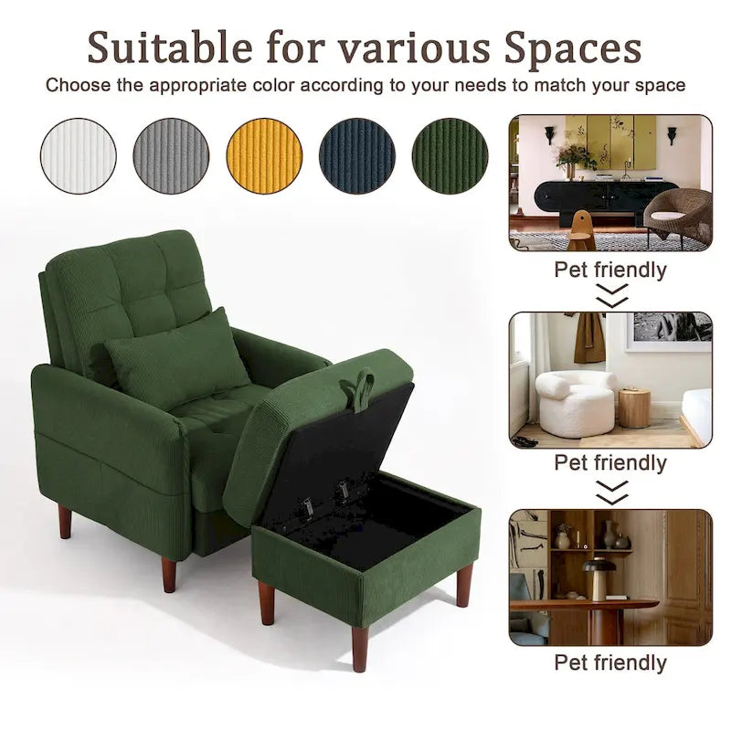 Fauteuil d'appoint rembourré à dossier réglable avec pouf de rangement