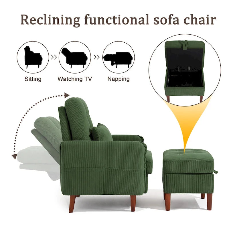 Fauteuil d'appoint rembourré à dossier réglable avec pouf de rangement