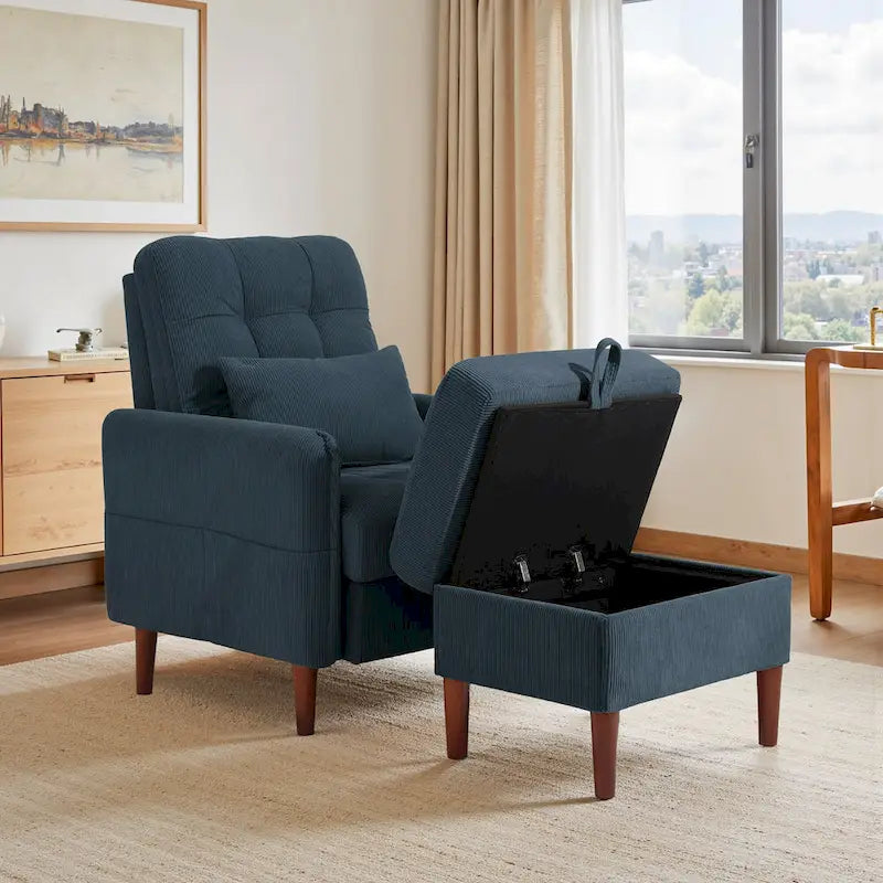 Fauteuil d'appoint rembourré à dossier réglable avec pouf de rangement