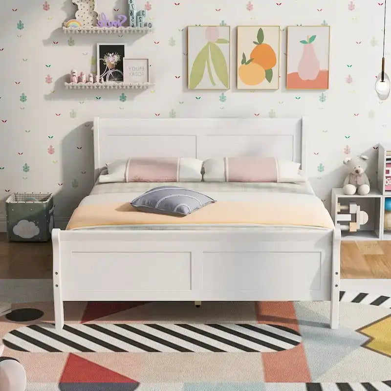 Letto a piattaforma matrimoniale in legno con testiera e doghe in legno, bianco