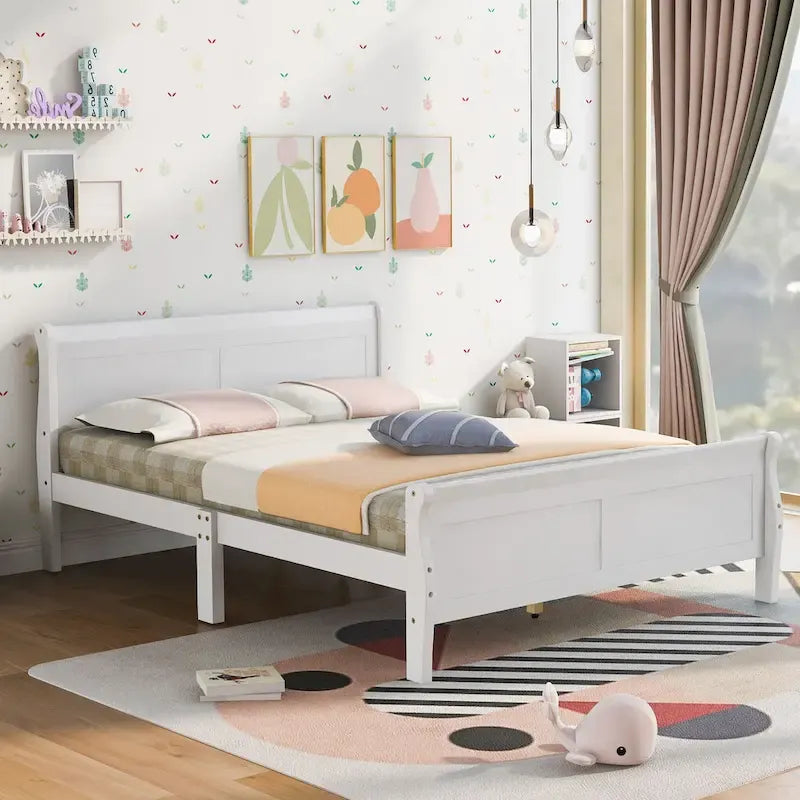 Letto a piattaforma matrimoniale in legno con testiera e doghe in legno, bianco