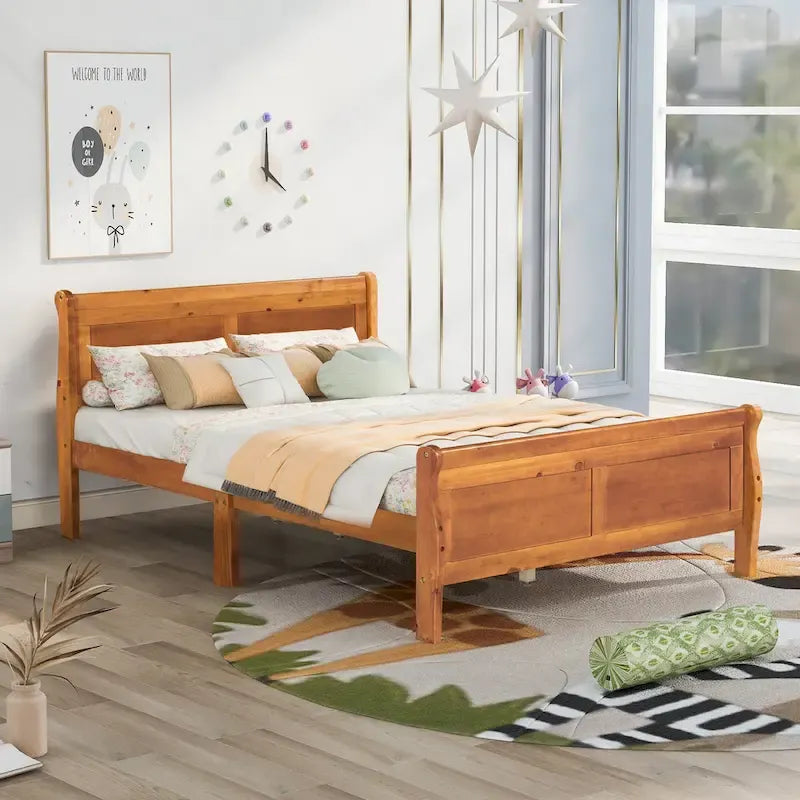 Letto a piattaforma matrimoniale in legno con testiera e doghe in legno, bianco