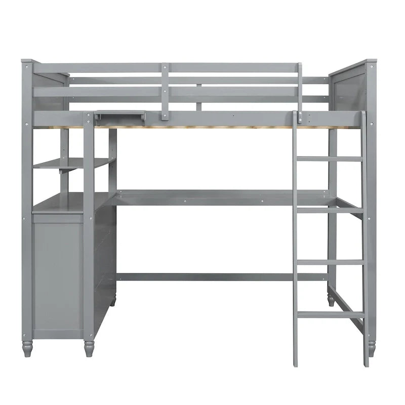 Lit mezzanine double avec tiroirs et bureau, lit mezzanine en bois avec étagères - Blanc