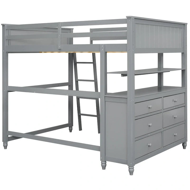 Lit mezzanine double avec tiroirs et bureau, lit mezzanine en bois avec étagères - Blanc