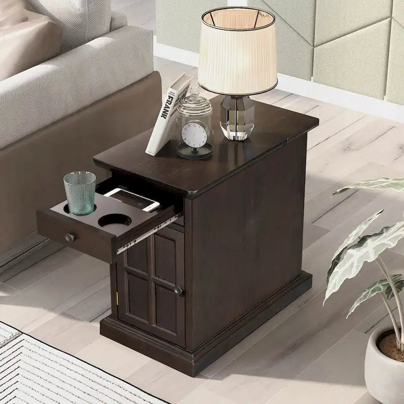 Table d'appoint avec ports USB et un tiroir multifonctionnel avec porte-gobelets