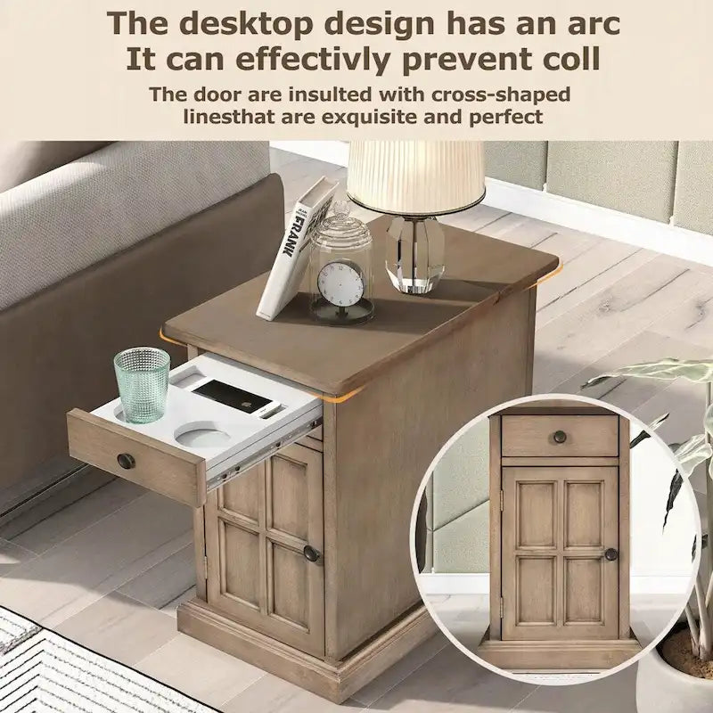 Table d'appoint avec ports USB et un tiroir multifonctionnel avec porte-gobelets