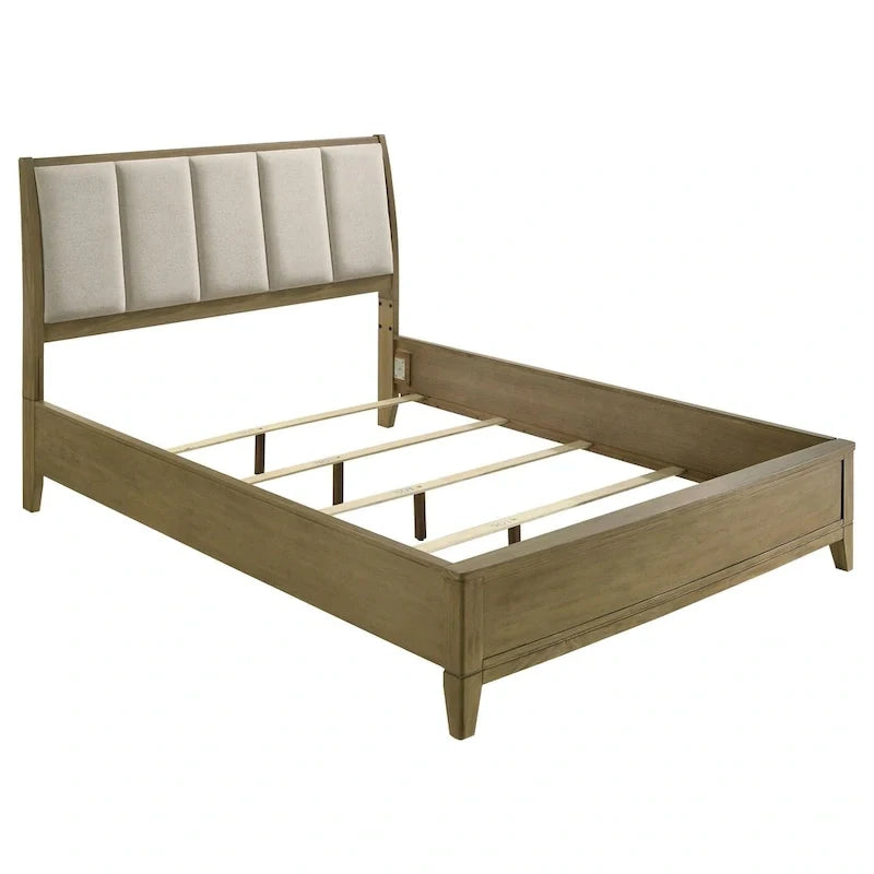 Lit queen Heon, tête de lit à panneaux, revêtement en tissu ivoire, bois de pin