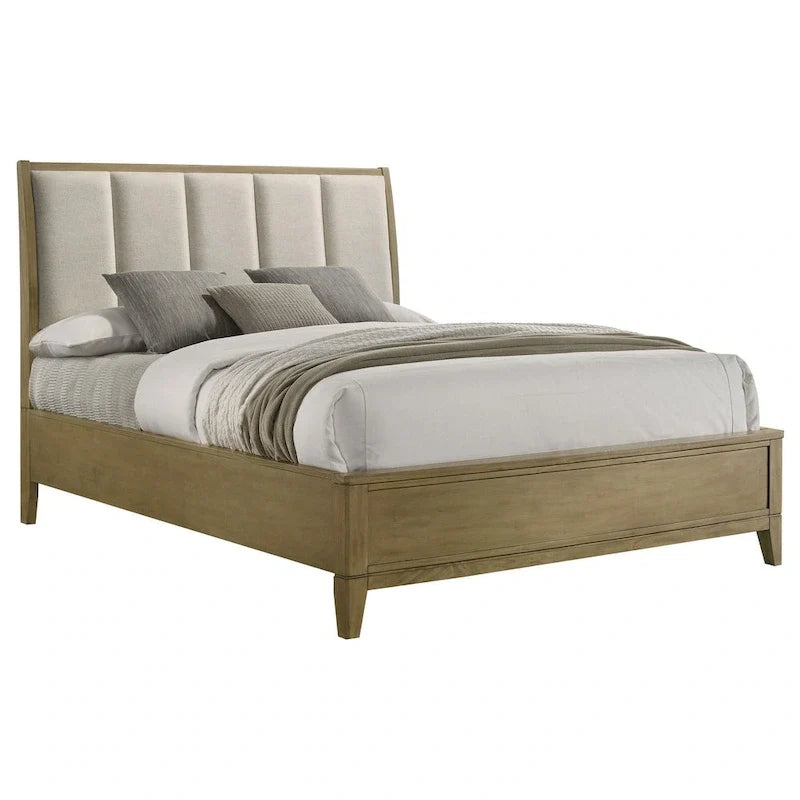Lit queen Heon, tête de lit à panneaux, revêtement en tissu ivoire, bois de pin