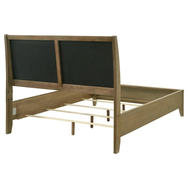 Lit queen Heon, tête de lit à panneaux, revêtement en tissu ivoire, bois de pin