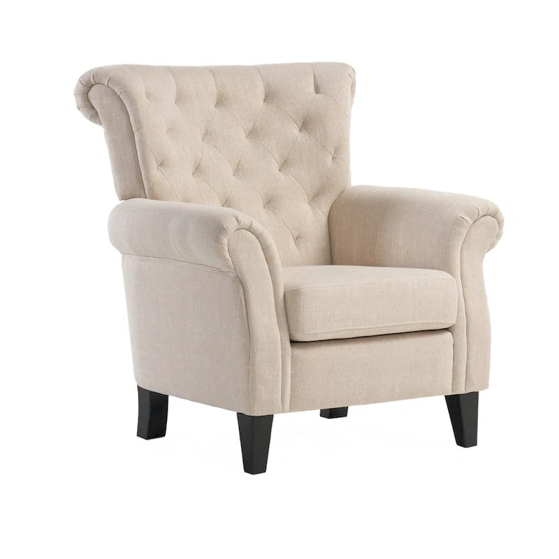 Fauteuil Koni Accent, capitonnage en losange, accoudoirs arrondis, tissu beige