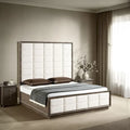 Lit King Size Lyni, Tête de lit capitonnée quadrillée, Revêtement ivoire, Chêne brun