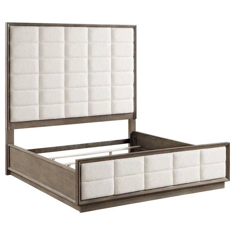Lit King Size Lyni, Tête de lit capitonnée quadrillée, Revêtement ivoire, Chêne brun