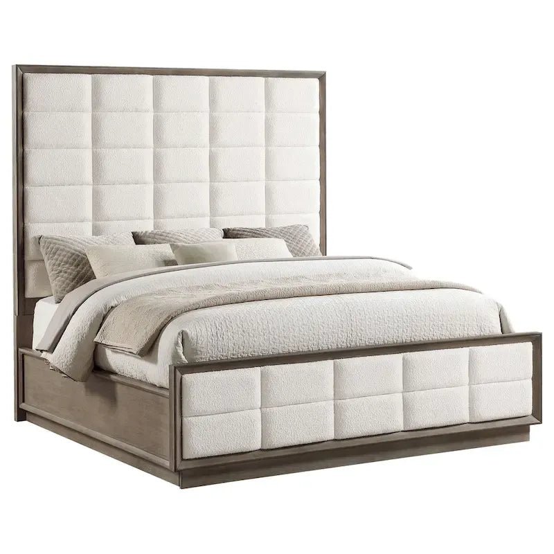 Lit King Size Lyni, Tête de lit capitonnée quadrillée, Revêtement ivoire, Chêne brun