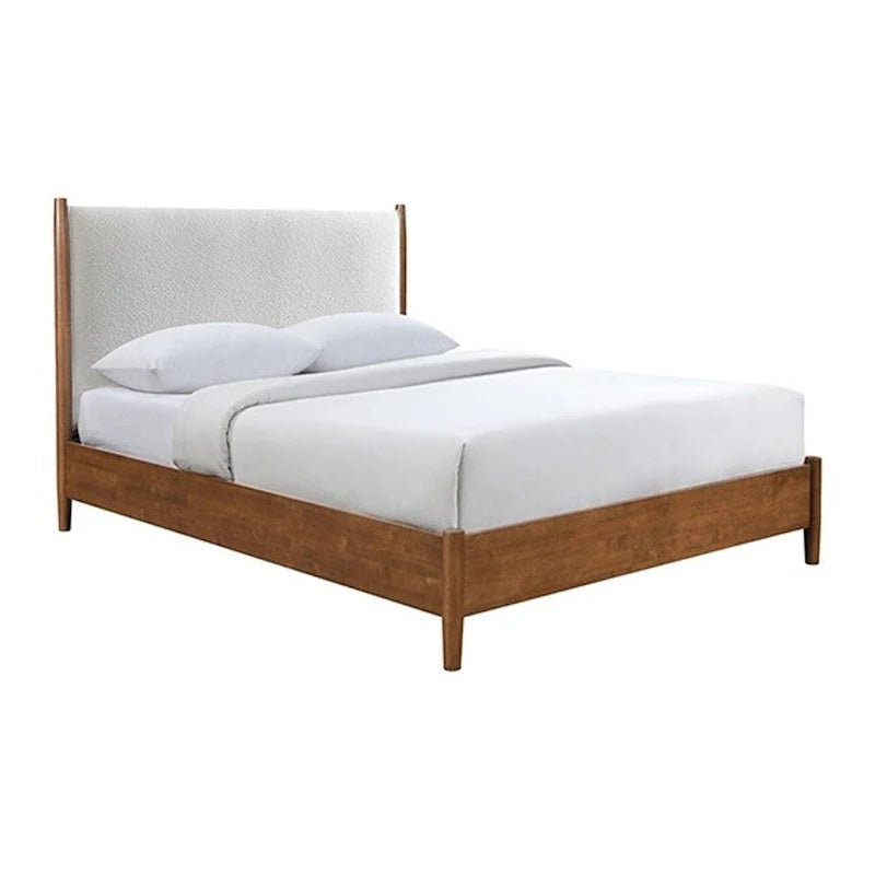 Lit double Carry Queen, tête de lit rembourrée en bouclette beige, bois massif noyer marron
