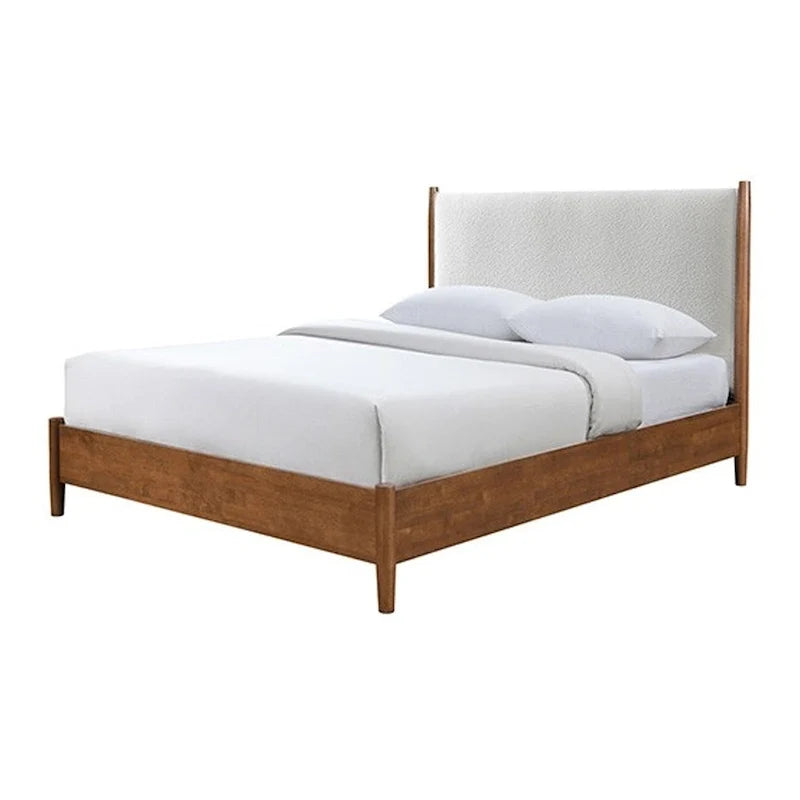 Lit double Carry Queen, tête de lit rembourrée en bouclette beige, bois massif noyer marron