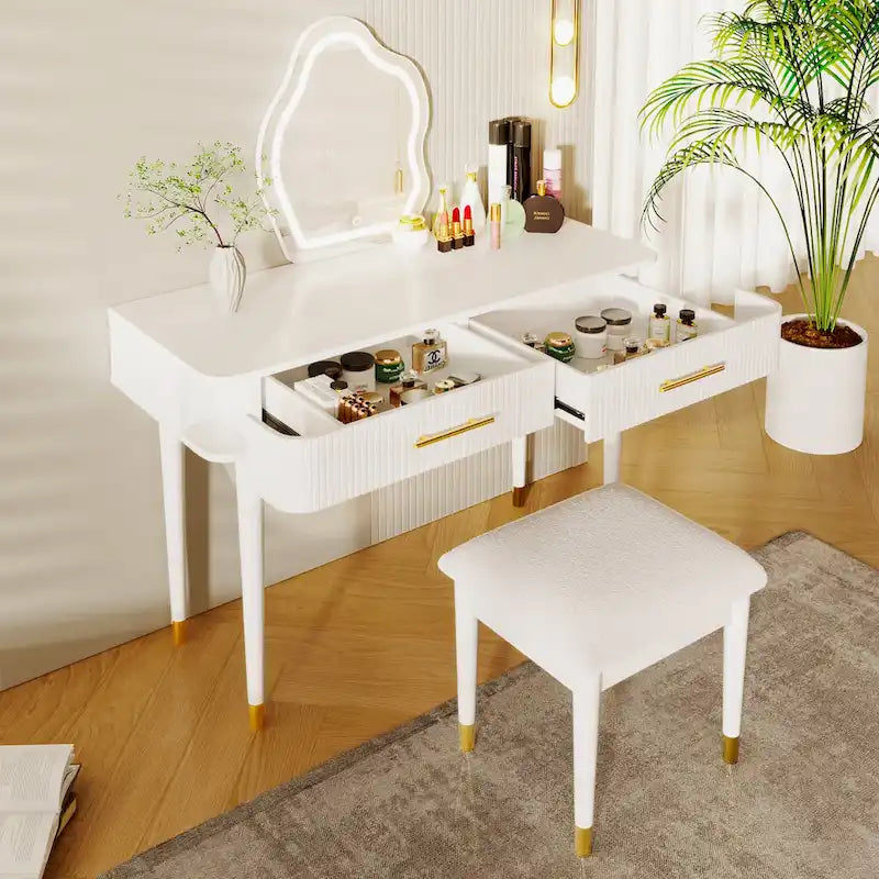 Ensemble coiffeuse avec tabouret rembourré, coiffeuse avec miroir LED tactile, table de maquillage avec 2 tiroirs