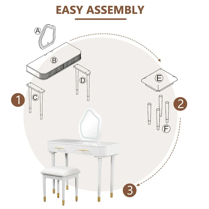 Ensemble coiffeuse avec tabouret rembourré, coiffeuse avec miroir LED tactile, table de maquillage avec 2 tiroirs