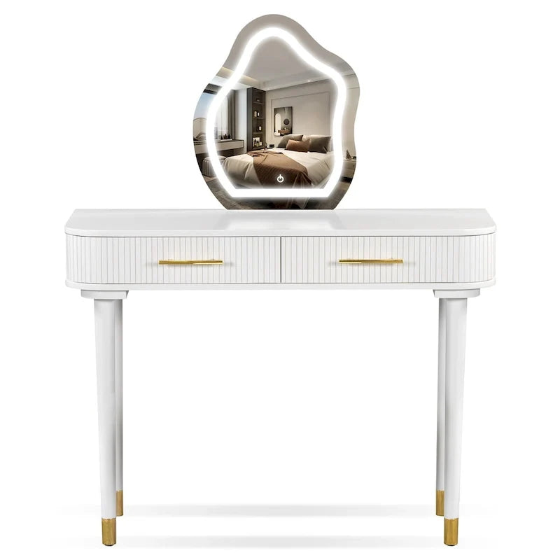 Ensemble coiffeuse avec tabouret rembourré, coiffeuse avec miroir LED tactile, table de maquillage avec 2 tiroirs