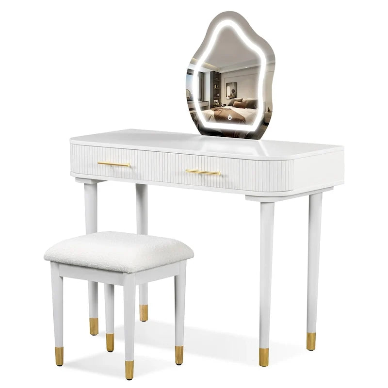 Ensemble coiffeuse avec tabouret rembourré, coiffeuse avec miroir LED tactile, table de maquillage avec 2 tiroirs