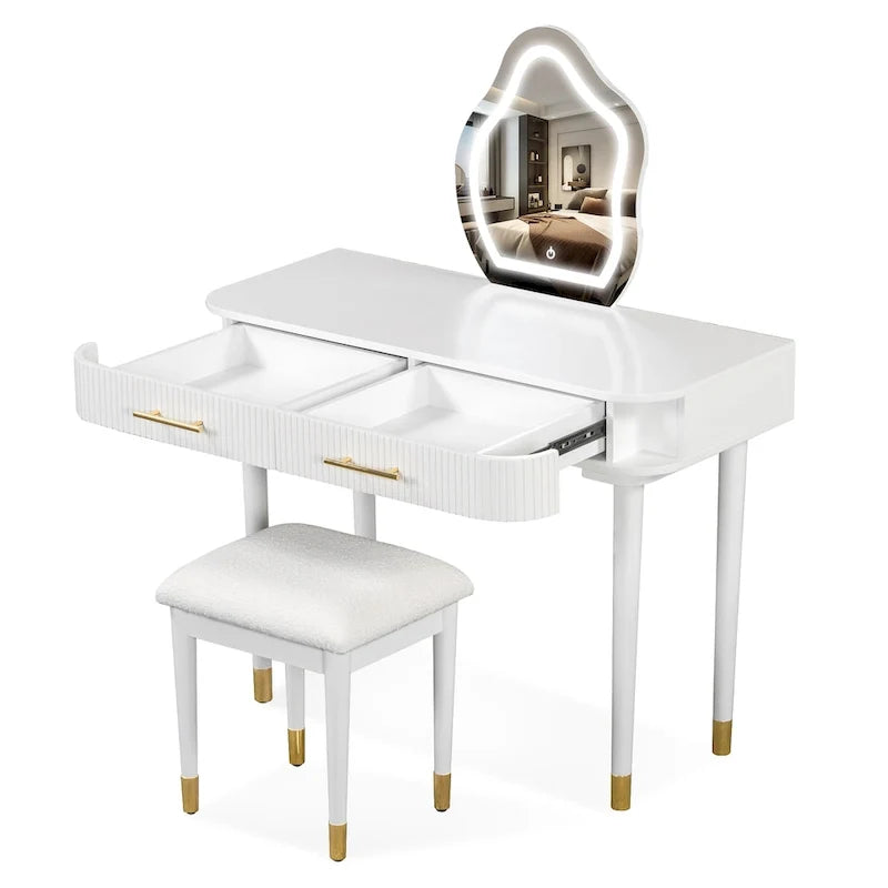Ensemble coiffeuse avec tabouret rembourré, coiffeuse avec miroir LED tactile, table de maquillage avec 2 tiroirs