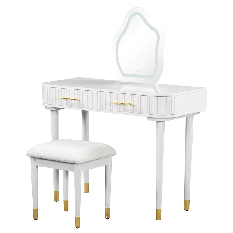 Ensemble coiffeuse avec tabouret rembourré, coiffeuse avec miroir LED tactile, table de maquillage avec 2 tiroirs