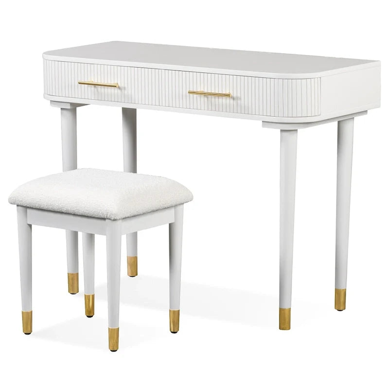 Ensemble coiffeuse avec tabouret rembourré, coiffeuse avec miroir LED tactile, table de maquillage avec 2 tiroirs
