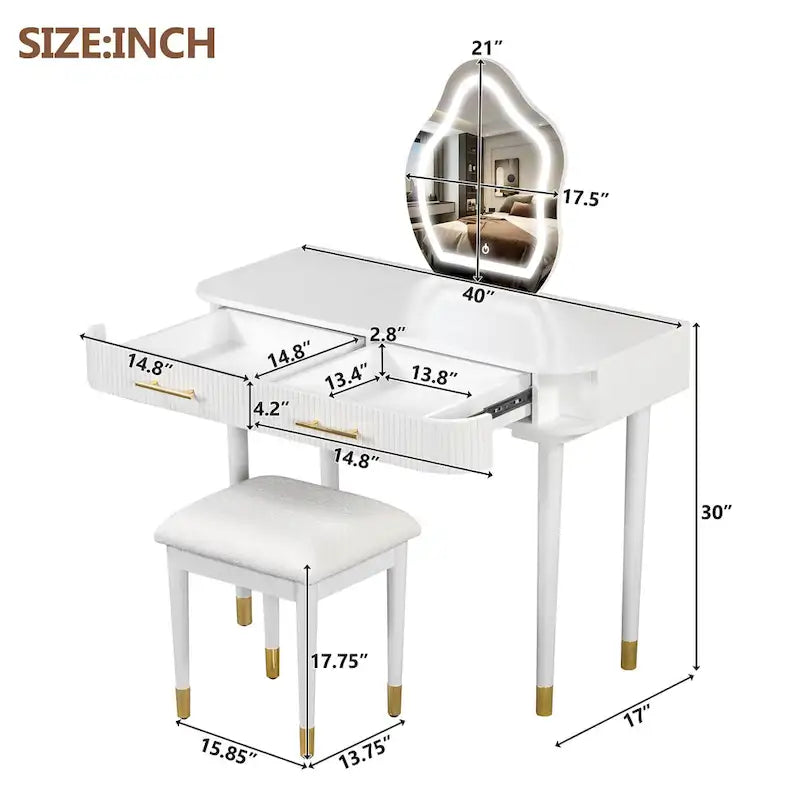 Ensemble coiffeuse avec tabouret rembourré, coiffeuse avec miroir LED tactile, table de maquillage avec 2 tiroirs