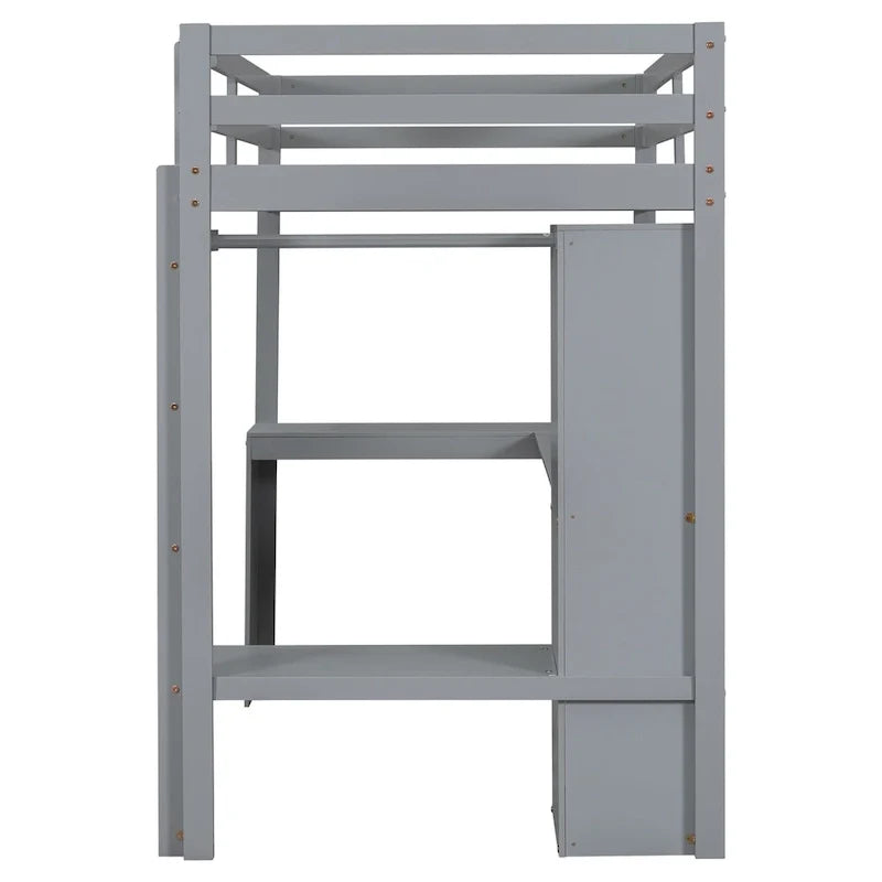 Twin Size Loft Bed Frame with L Shaped Desk, Wardrobe and Shelves