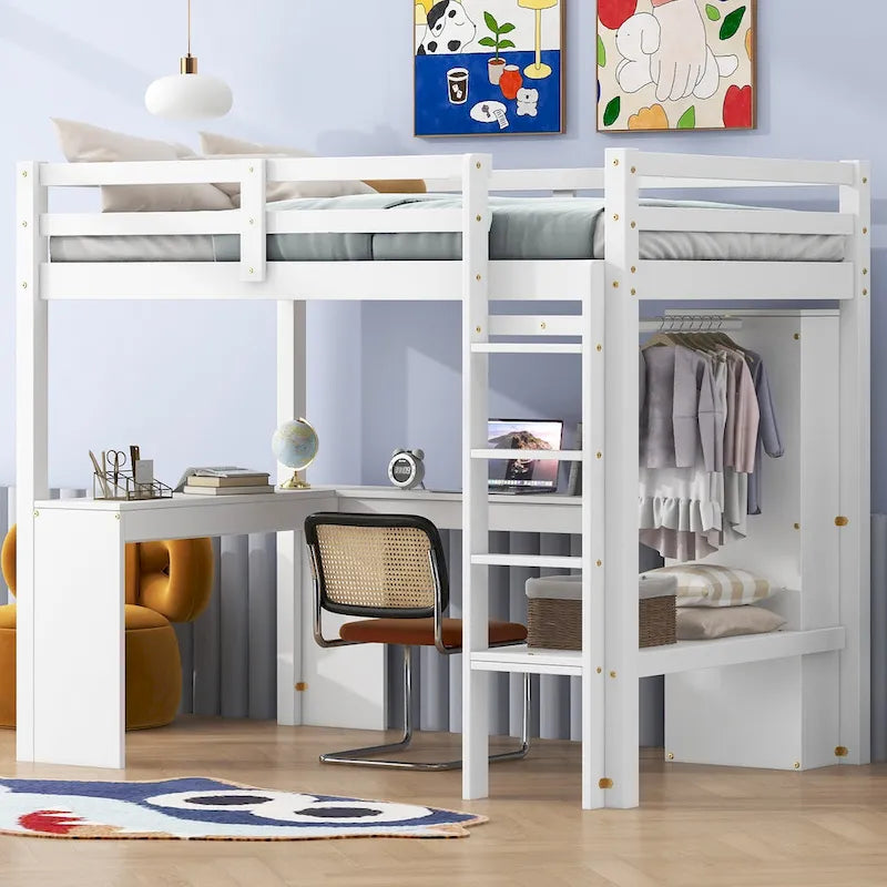Twin Size Loft Bed Frame with L Shaped Desk, Wardrobe and Shelves