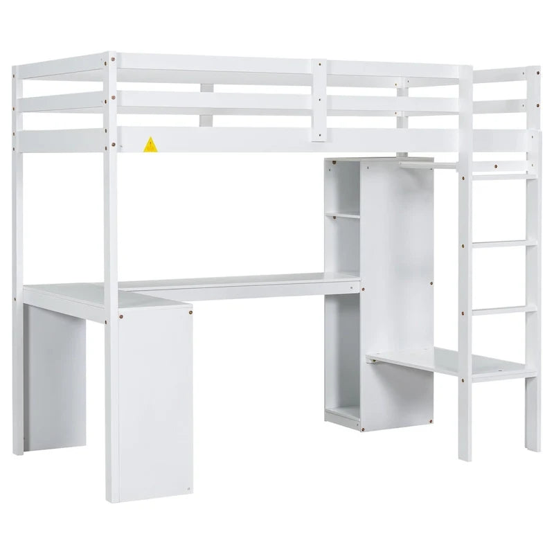 Twin Size Loft Bed Frame with L Shaped Desk, Wardrobe and Shelves