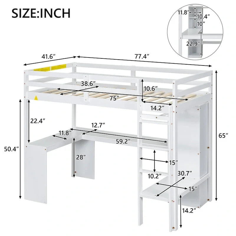 Twin Size Loft Bed Frame with L Shaped Desk, Wardrobe and Shelves