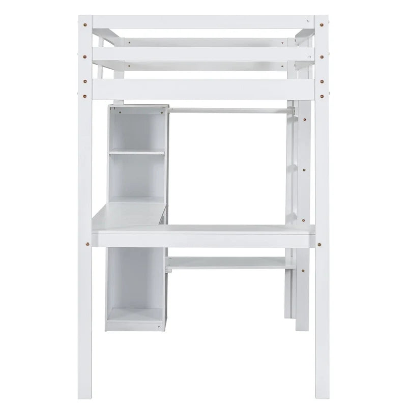 Twin Size Loft Bed Frame with L Shaped Desk, Wardrobe and Shelves