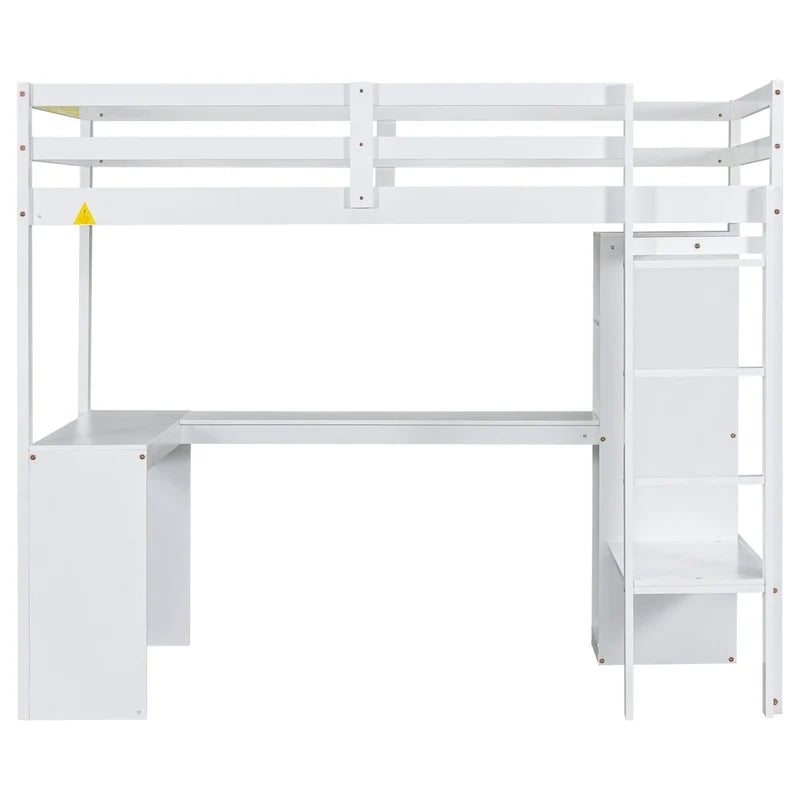 Twin Size Loft Bed Frame with L Shaped Desk, Wardrobe and Shelves