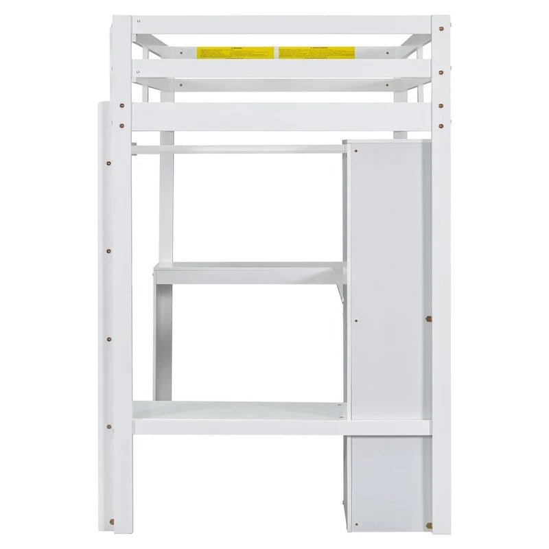Twin Size Loft Bed Frame with L Shaped Desk, Wardrobe and Shelves