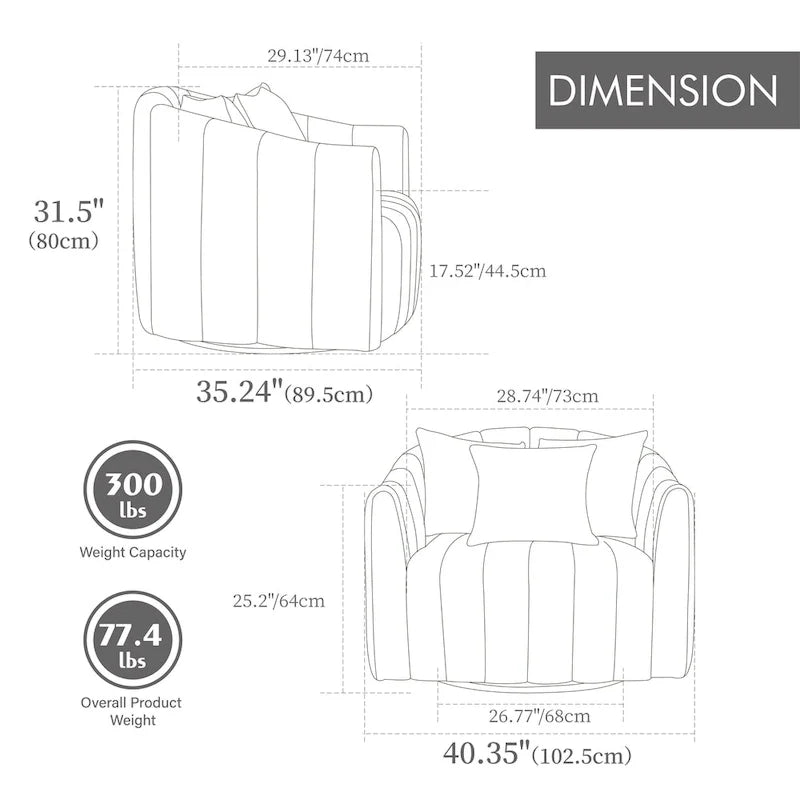Lot de 2 fauteuils pivotants rembourrés 40,4 W, fauteuil pivotant simple et moderne avec oreillers
