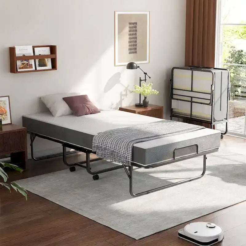 Letto Pieghevole con Materasso in Memory Foam da 13 cm, Letto Singolo Piccolo per Ospiti Extra con Ruote