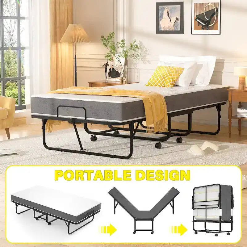 Letto Pieghevole con Materasso in Memory Foam da 13 cm, Letto Singolo Piccolo per Ospiti Extra con Ruote