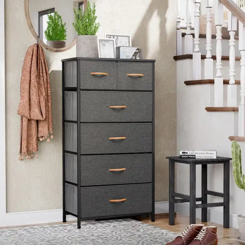 Commode combinée à six tiroirs en acier marron et tissu 23
