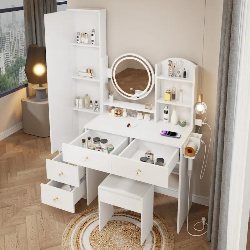 Full Body Mirror Cabinet + Round Mirror LED Vanity Table + Cushioned Stool
