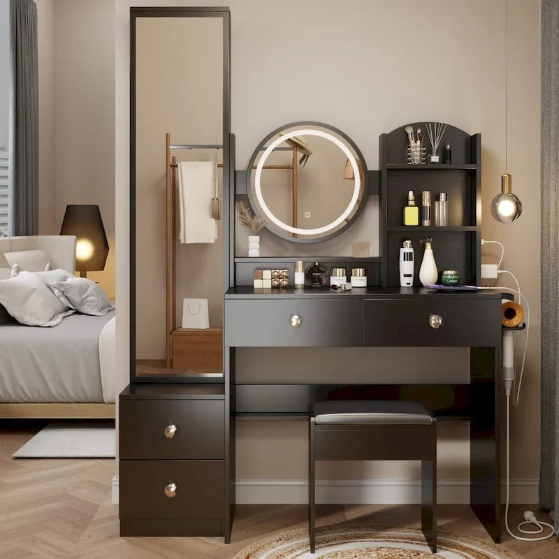 Full Body Mirror Cabinet + Round Mirror LED Vanity Table + Cushioned Stool