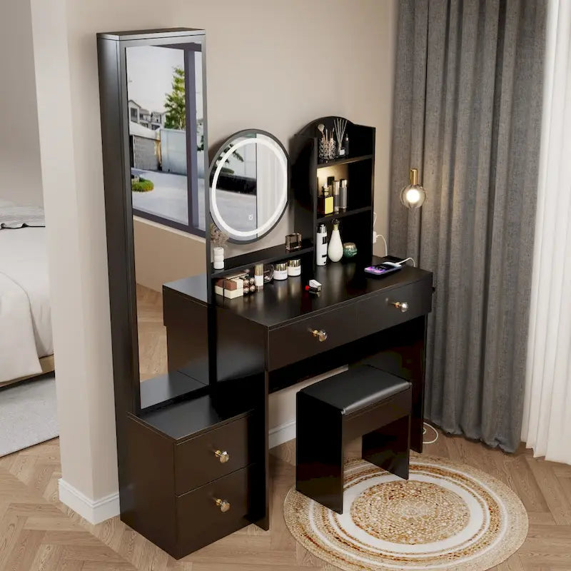 Full Body Mirror Cabinet + Round Mirror LED Vanity Table + Cushioned Stool